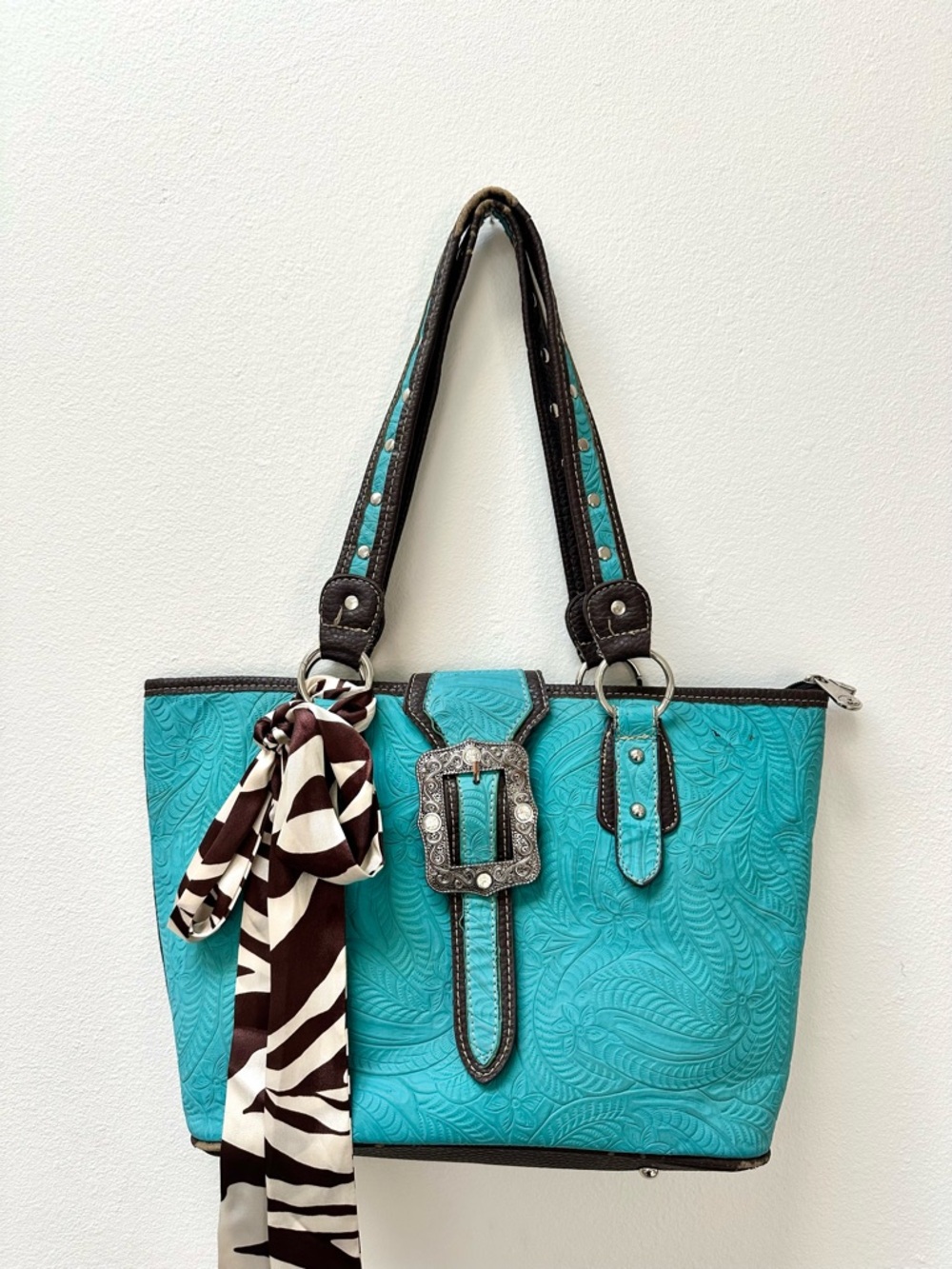 Western Turquoise Tooled Tote Bag Cowgirl Buckle Purse Y2K Rodeo By P&G